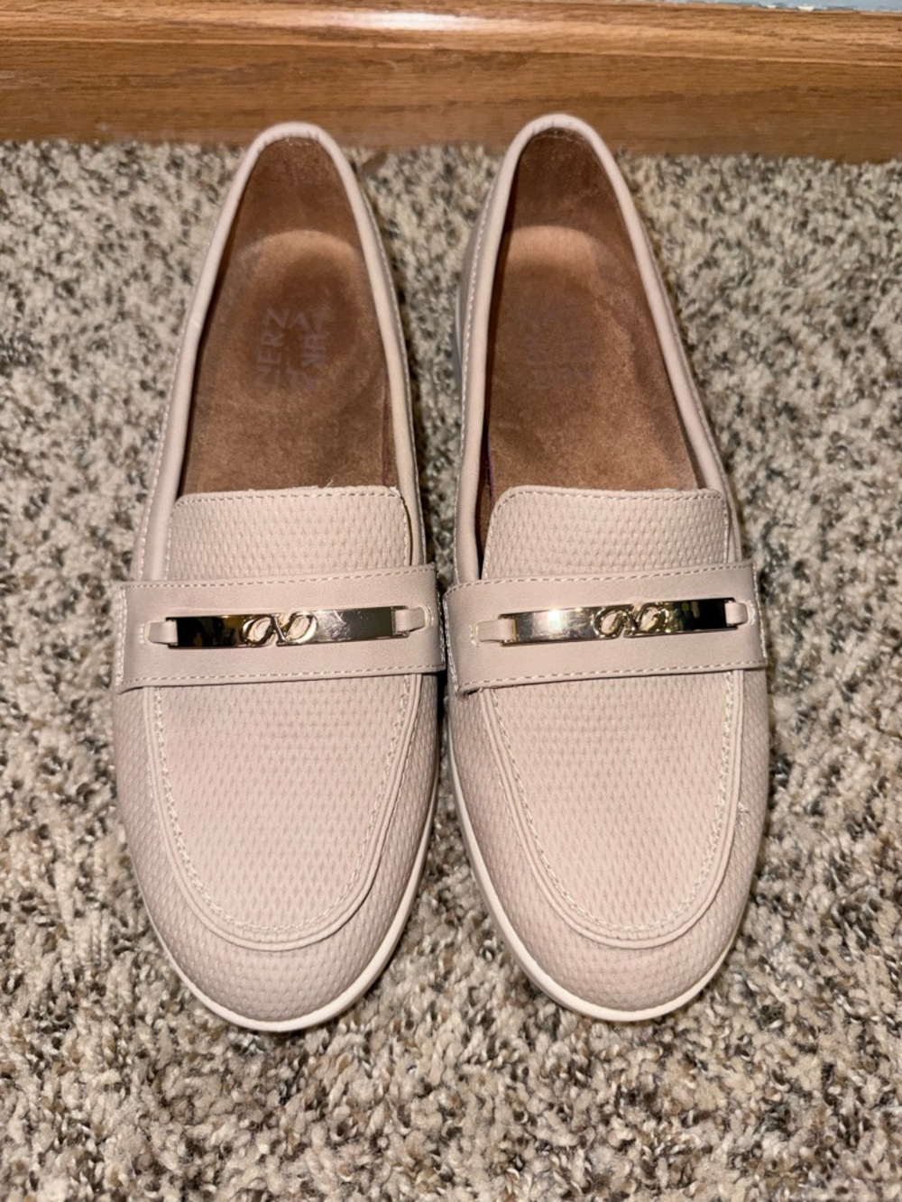 Women's Cream Slip-On Loafers with Gold Accent